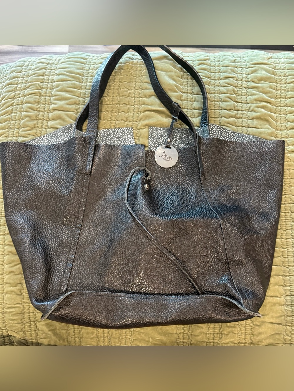 Bevini Modena Everyday Black Pebbled Leather Italy Tote with Shoulder Straps